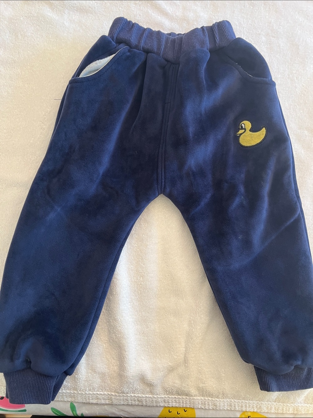 Navy Velvet Plush Baby Joggers with Yellow Duck Patch